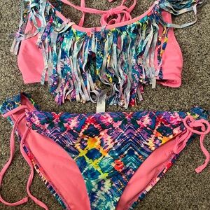Rue21 Pink and Multicolor Fringe Bikini